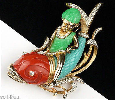 Vintage Unsigned Carnegie Figural Faux Jade Boy Riding Dolphin Fish Brooch Pin
