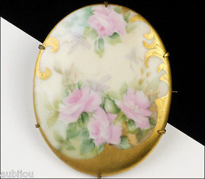 Antique Victorian Porcelain Hand Painted Floral Pink Rose Leaf Flower Brooch Pin