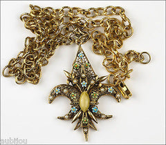 Vintage Signed Art Heraldic Green Enamel Fleur De Lis Lily Pendant Necklace 1960's
