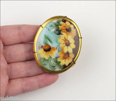 Vintage Porcelain Handpainted Floral Yellow Coneflower Rudbeckia Brooch Pin
