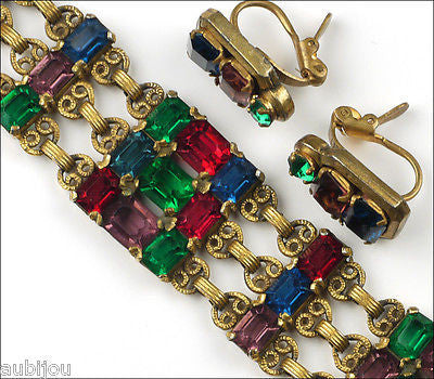 Vintage Czech Victorian Revival Multicolor Openback Rhinestone Bracelet 1930's