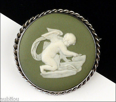 Vintage Wedgwood Sterling Silver Jasperware Cupid Porcelain Cameo Brooch Pin