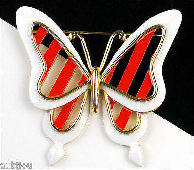 Vintage Crown Trifari Figural White Red Enamel Butterfly Insect Brooch Pin 1960's
