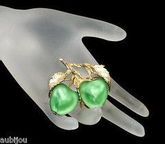 Vintage Napier Frosted Glass Light Green Double Apple Brooch Pin Fruit Jewelry