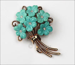 Vintage Trifari Blue Molded Glass Forget Me Not Flower Bouquet Brooch Pin 1950's