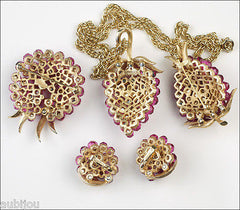 Vintage Trifari Briolette Fuchsia Rhinestone Pineapple Fruit Brooch Pin Set 1960's