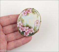 Vintage Porcelain Handpainted Floral Pink Wild Rose Flower Foliage Brooch Pin