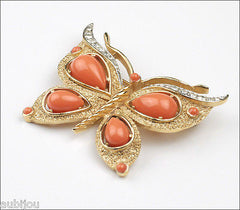 Vintage Crown Trifari Figural Faux Coral Butterfly Brooch Pin Set Insect 1960's