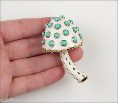Vintage Crown Trifari White Enamel Turquoise Beads Mushroom Brooch Pin Set 1960's