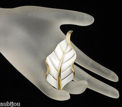 Vintage Crown Trifari Floral White Enamel Leaf Brooch Pin Set Earrings 1960's