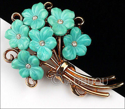 Vintage Trifari Blue Molded Glass Forget Me Not Flower Bouquet Brooch Pin 1950's