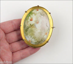 Antique Victorian Porcelain Hand Painted Floral White Daisy Flower Brooch Pin