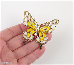 Vintage Trifari Figural White Yellow Mosaic Glass Butterfly Insect Brooch Pin 1960's