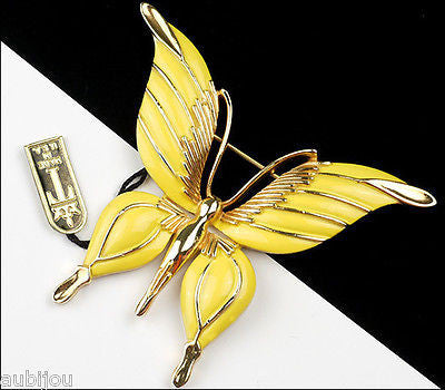 Vintage Crown Trifari Figural Yellow Enamel Butterfly Insect Brooch Pin 1960's