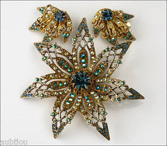 Vintage Signed Art Montana Blue Aurora Borealis Rhinestone Flower Brooch Pin Set