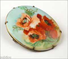 Antique Porcelain Art Nouveau Hand Painted Floral Red Poppy Flower Brooch Pin