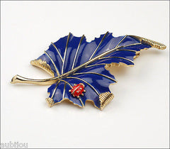 Vintage Crown Trifari Floral Cobalt Blue Enamel Leaf Ladybug Insect Brooch Pin