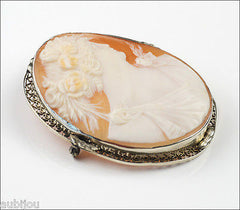 Antique Filigree 14K White Gold Genuine Shell Flora Cameo Brooch Pin Pendant
