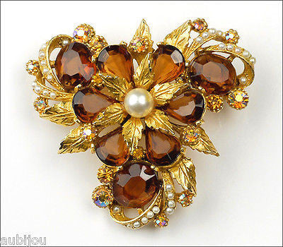 Vintage Signed Art Marked Smoked Topaz Rhinestone Floral Flower Brooch Pin 1960's
