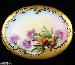 Antique Victorian Porcelain Handpainted Floral Celtic Thistle Flower Brooch Pin