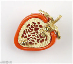 Vintage Crown Trifari Faux Coral Lucite Strawberry Fruit Brooch Pin 1960's Retro