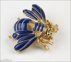 Vintage Crown Trifari Figural Blue Enamel Bee Fly Bug Insect Brooch Pin 1960's
