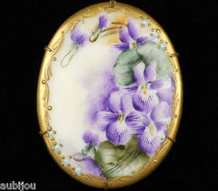 Vintage Porcelain Handpainted Floral Purple Violet Viola Pansy Flower Brooch Pin
