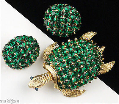 Vintage Trifari Figural Emerald Green Rhinestone Turtle Brooch Pin Trembler Set