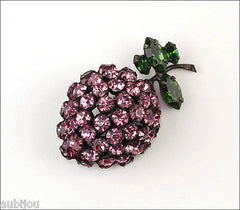Vintage Schreiner Japanned Emerald Green Rose Rhinestone Strawberry Brooch Pin