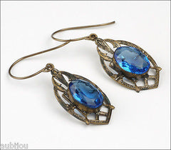 Vintage Czech Sapphire Blue Openback Rhinestone Bracelet Earrings Set 1920's