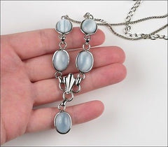 Vintage Amco Sterling Silver Light Blue Moonstone Glass Necklace Earrings Set