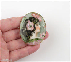 Antique Hand Painted Porcelain Art Nouveau Portrait Miniature Poppy Brooch Pin