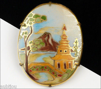 Vintage Porcelain Oriental Asian Painted Scenic Pagoda Fudziama Brooch Pin 1920's