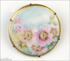 Vintage Porcelain Handpainted Floral Pink Wild Rose Brier Flower Brooch Pin 1920's