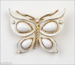 Vintage Crown Trifari Figural White Enamel Cabochon Butterfly Insect Brooch Pin