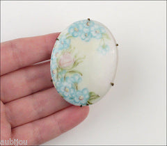 Vintage Porcelain Handpainted Light Blue Forget Me Not Flower Brooch Pin 1920's