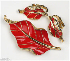 Vintage Crown Trifari Floral Red Enamel Leaf Brooch Pin Earrings Set Retro 1960S