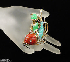 Vintage Unsigned Carnegie Figural Faux Jade Boy Riding Dolphin Fish Brooch Pin