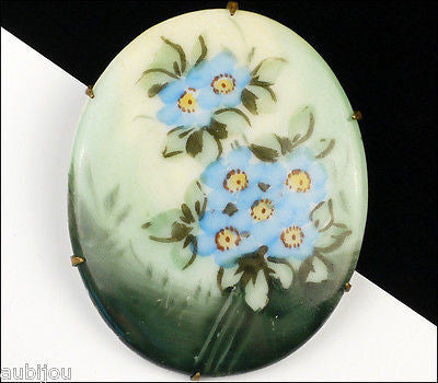 Vintage Porcelain Handpainted Blue Forget Me Not Flower Grass Brooch Pin 1920's