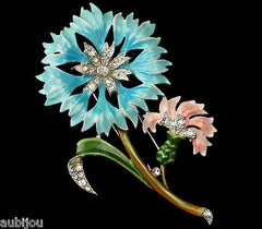 Vintage Crown Trifari Philippe Blue Enamel Floral Cornflower Fur Clip Pin 1940's