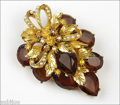 Vintage Signed Art Marked Smoked Topaz Rhinestone Floral Leaf Brooch Pin 1960's