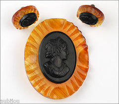 Vintage Carved Apple Juice Amber Lucite Celluloid Cameo Brooch Pin Set Earrings 1950's
