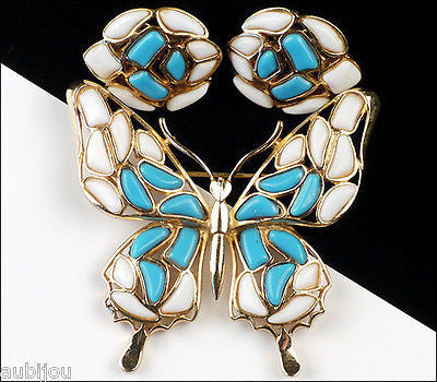 Vintage Trifari Figural White Blue Mosaic Glass Butterfly Insect Brooch Pin Set