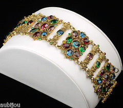 Vintage Czech Ornate Wide Multicolor Rhinestone Bracelet Antique 1920's Art Deco