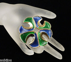 Vintage Crown Trifari Green Blue Enamel Heraldic Maltese Cross Brooch Pin Crest