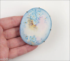 Antique Porcelain Hand Painted Floral Light Blue Forget Me Not Flower Brooch Pin