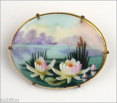 Vintage Porcelain Handpainted Floral Water Lily Cattail Tropical Deco Brooch Pin