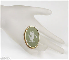 Vintage Wedgwood Gold Filled Jasperware Green Porcelain Cameo Brooch Pin Flora Set