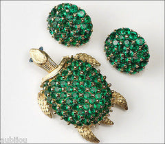 Vintage Trifari Figural Emerald Green Rhinestone Turtle Brooch Pin Trembler Set