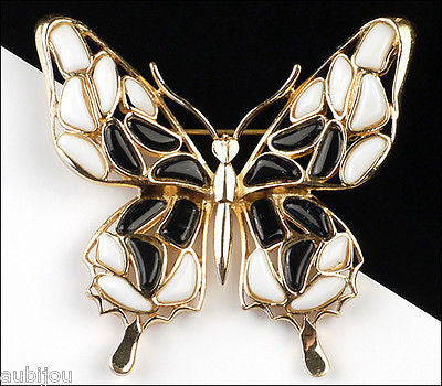 Vintage Trifari Figural White Black Mosaic Glass Butterfly Insect Brooch Pin 1960's